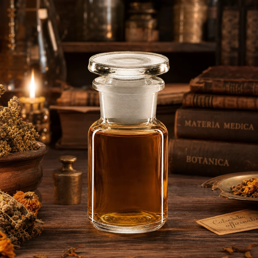 Apothekersfles 50 ml wijde hals helder glas incl. glazen stop Kleine fles van helder glas van 50 ml met brede hals en glazen stop in een historische apothekersomgeving