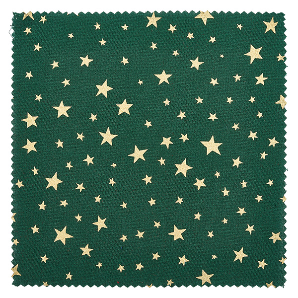 Close-up van groene stof met gouden sterren van verschillende grootte, decoratief doily-materiaal 12x12cm vierkant