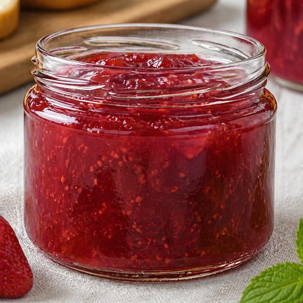 330ml rond glas zonder deksel (TO82) UNiTWIST UNiTWIST Runda330 ronde pot gevuld met rode aardbeienjam zelfgemaakte inmaak