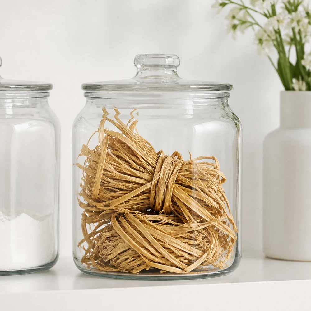 Natuurlijk raffia voor decoratie 30 g Natuurlijke raffia 30g in glazen pot met deksel, opgeborgen naast witte voorraadpotten voor het netjes organiseren van knutselmaterialen