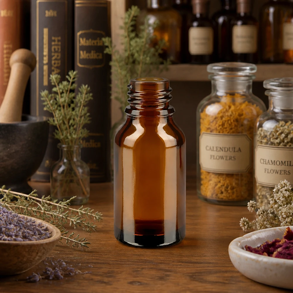 Bruine glazen fles 30ml 30ml bruine apothekersfles hoge vorm ApoGlas kruiden apotheek gedroogde geneeskrachtige planten kamille lavendel boeken