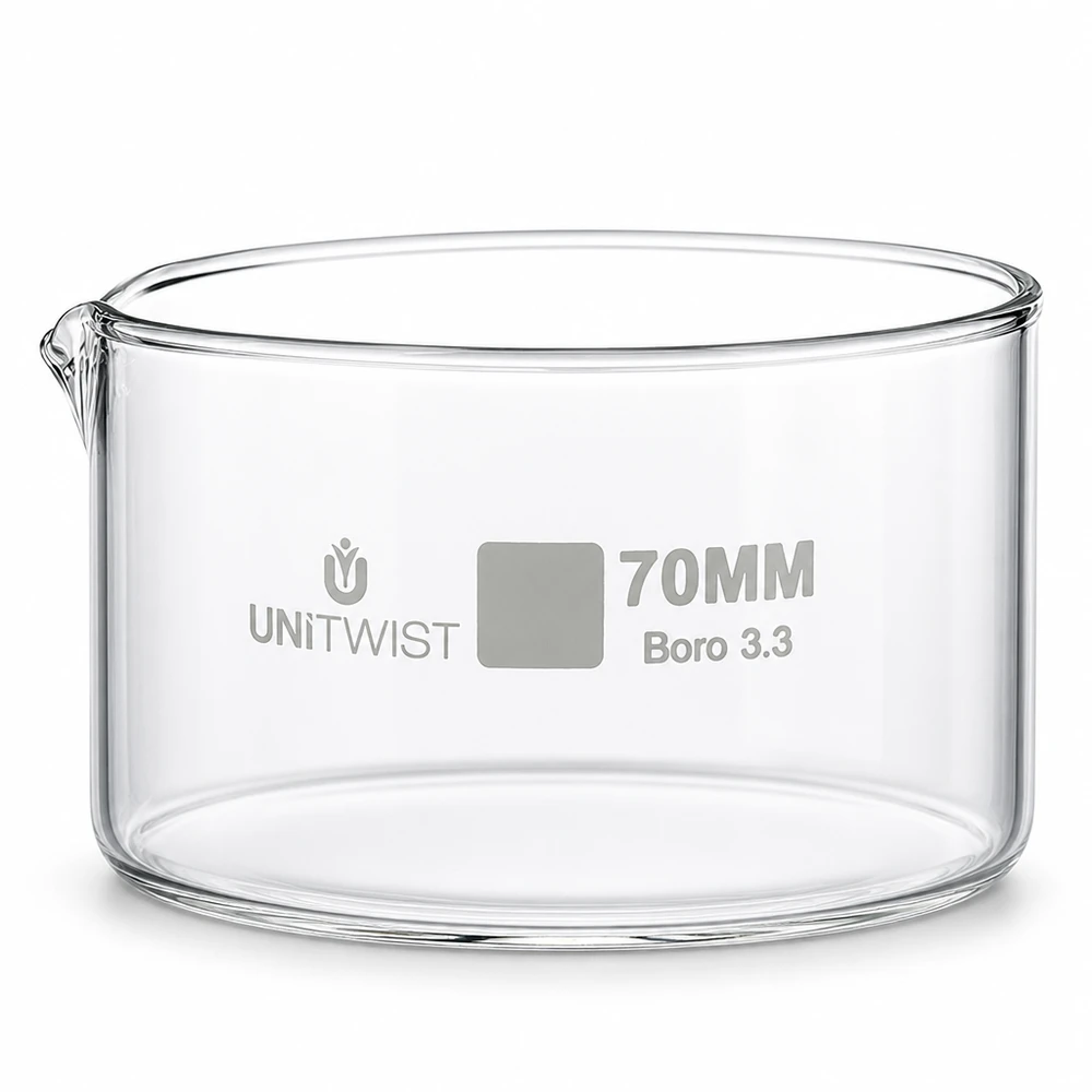Kristalliseer schaal ø70mm borosilicaatglas UNiTWIST UNiTWIST laboratoriumschaal 70 mm, borosilicaatglas 3.3, plat model met uitgietmond, helder glas