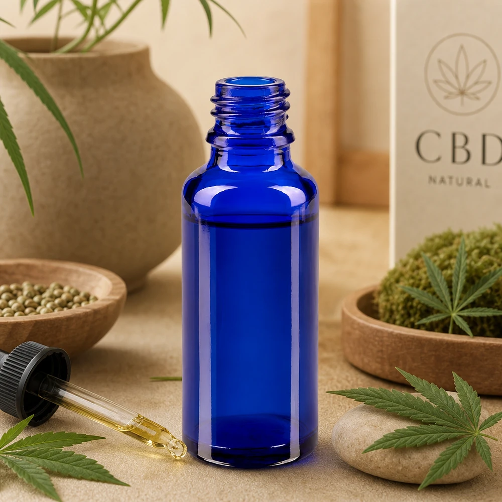 ApoGlas 30 ml apotheekflesje van voedselveilig blauw glas, ideaal voor hennep en plantaardige oliën