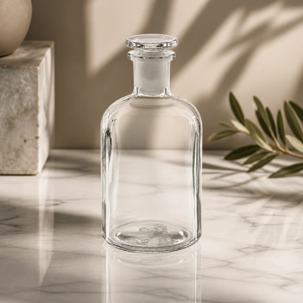 Apothekersfles 250 ml nauwe hals helder glas incl. glazen stop Doorzichtige bewaarfles met ronde schouders, 250 ml, met glazen stop, voor likeur, siroop en aroma’s