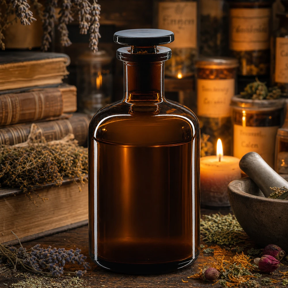 Apothekersfles 100 ml nauwe hals bruin glas incl. glazen stop Bewaarfles 100 ml, bruin, ronde schouders, smal, glazen stop, lichtbeschermd