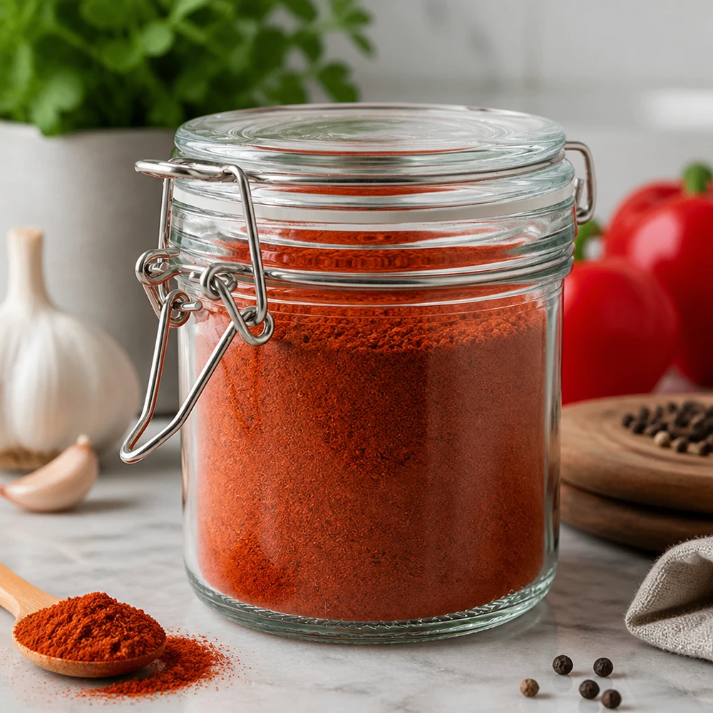 250 ml voorraadpot type S met scharnierende top UN. Luchtdichte glazen pot 250ml met rubberen afdichting en draadhanger voor het bewaren van verse kruiden
