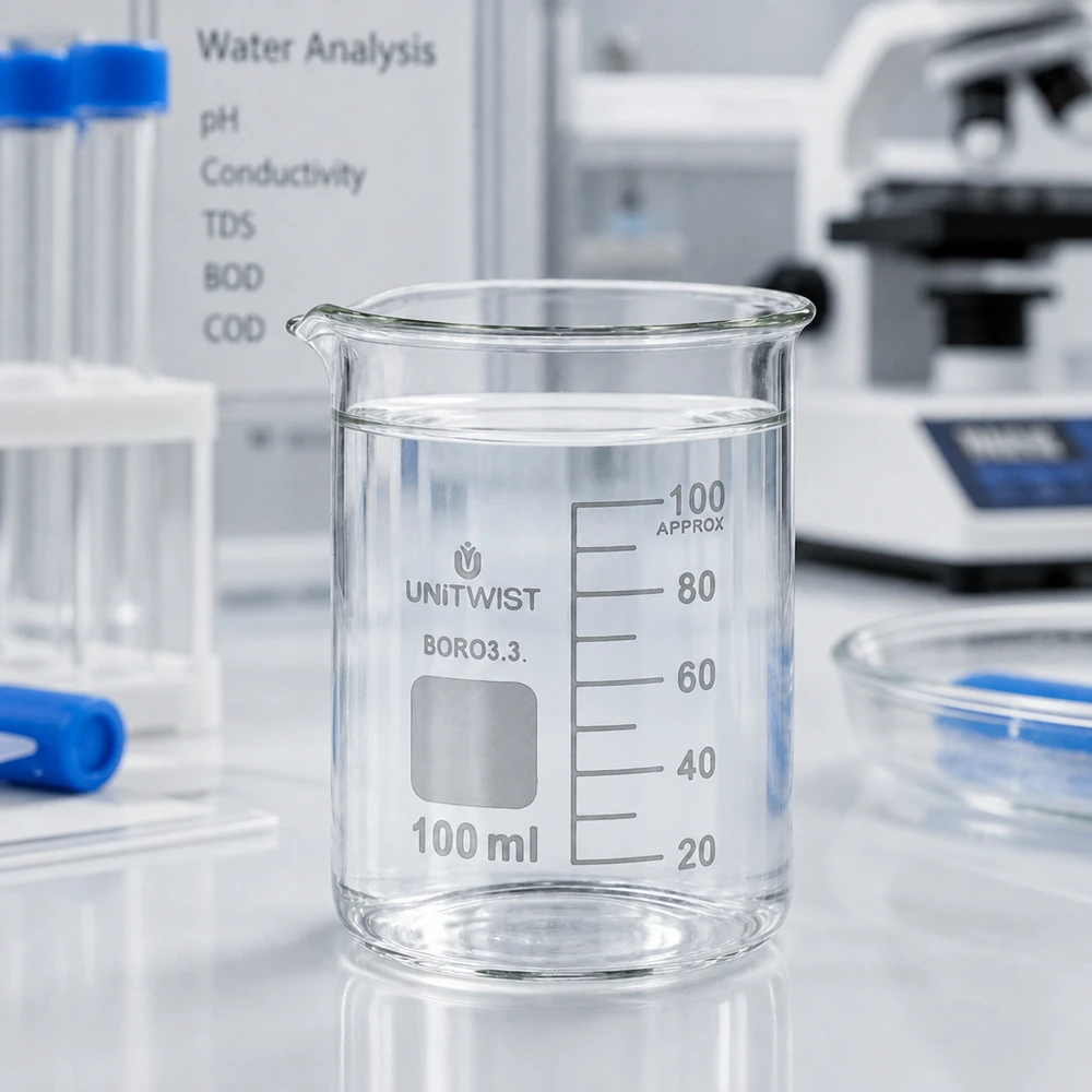 UNiTWIST 100 ml borosilicaatglasbeker voor wateronderzoek, met een microscoop op de achtergrond