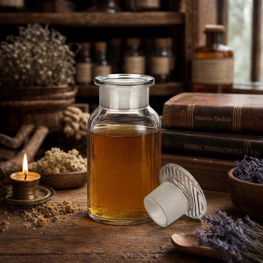 Apothekersfles 100 ml wijde hals helder glas incl. glazen stop Decoratieve laboratoriumfles van 100 ml met brede hals, van helder glas, voor etherische oliën en natuurgeneeskunde