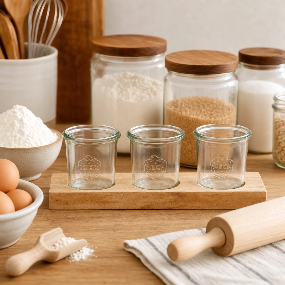 Serveerplank Plano3 met 3 Weck-glazen van 140 ml Lege WECK potjes 140ml op houten plank Plano3 in keuken met bakingrediënten bloem eieren en deegroller om te bakken