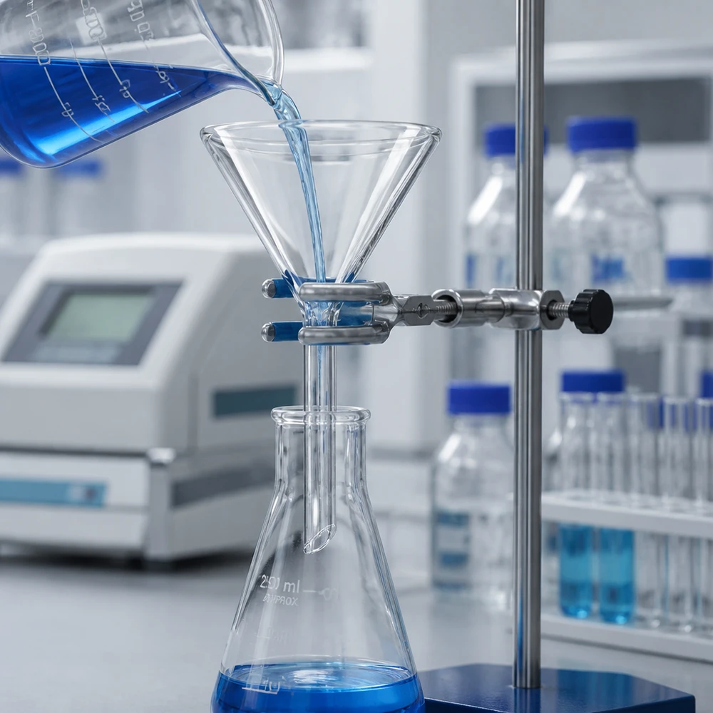 Glazen trechter Ø 50mm - kalk-soda-glas - 60° hoek Transparante glazen trechter met een hoek van 60 graden voor een optimale doorstroming in een laboratoriumomgeving
