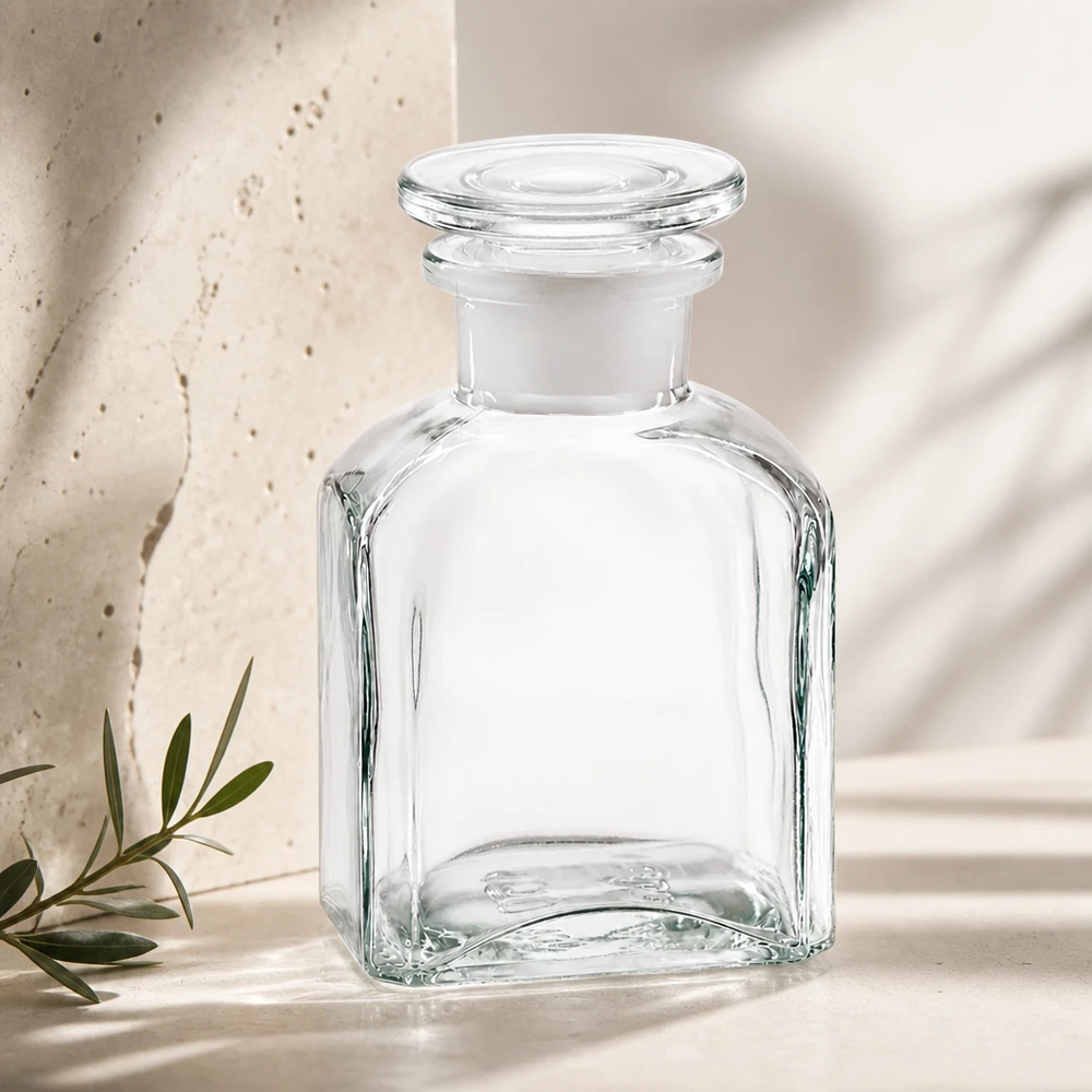 Vierkant-apothekersfles 150 ml wijde hals helder glas incl. glazen stop Hoogwaardige vierkante fles van helder glas, 150 ml, met brede hals en een doorzichtige glazen stop