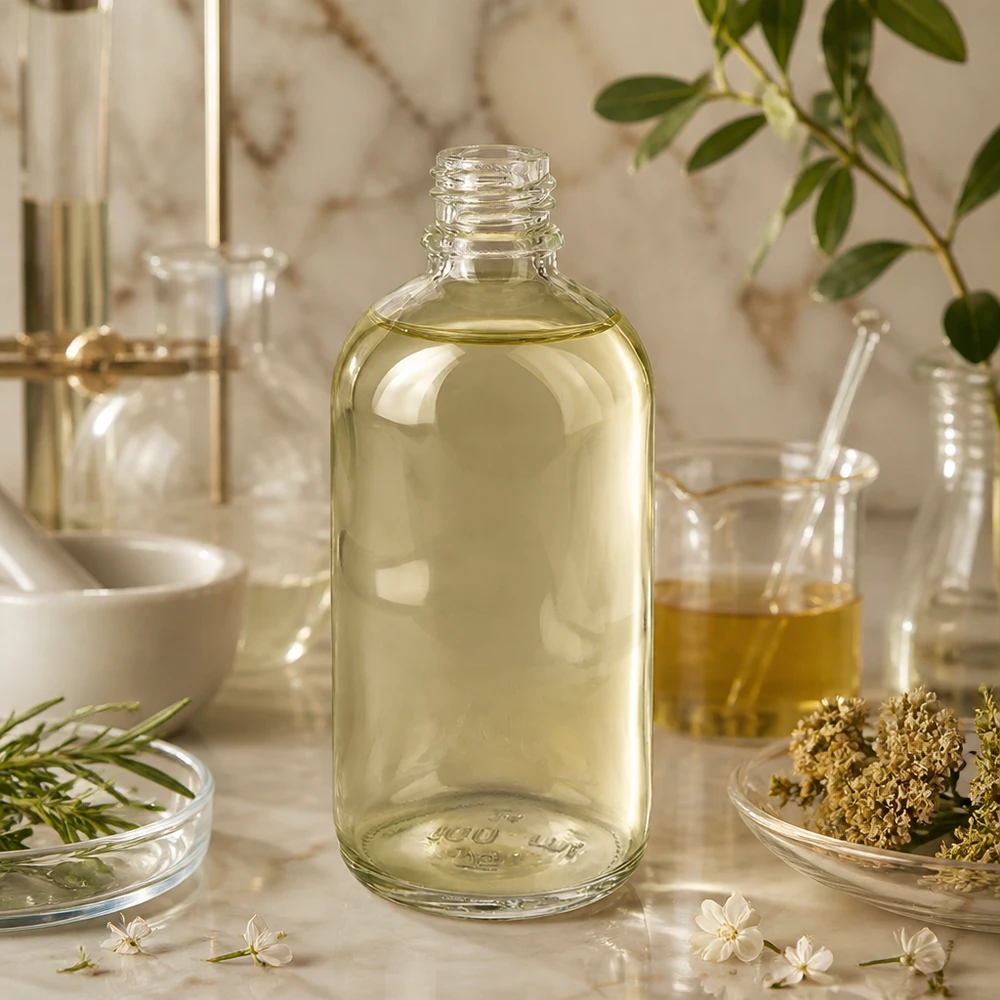 100ml apothekersfles ClearLine DIN18 UNiTWIST ClearLine-apotheekflesje van 100 ml met geelachtige olie, tussen kruiden en laboratoriumglaswerk op marmer