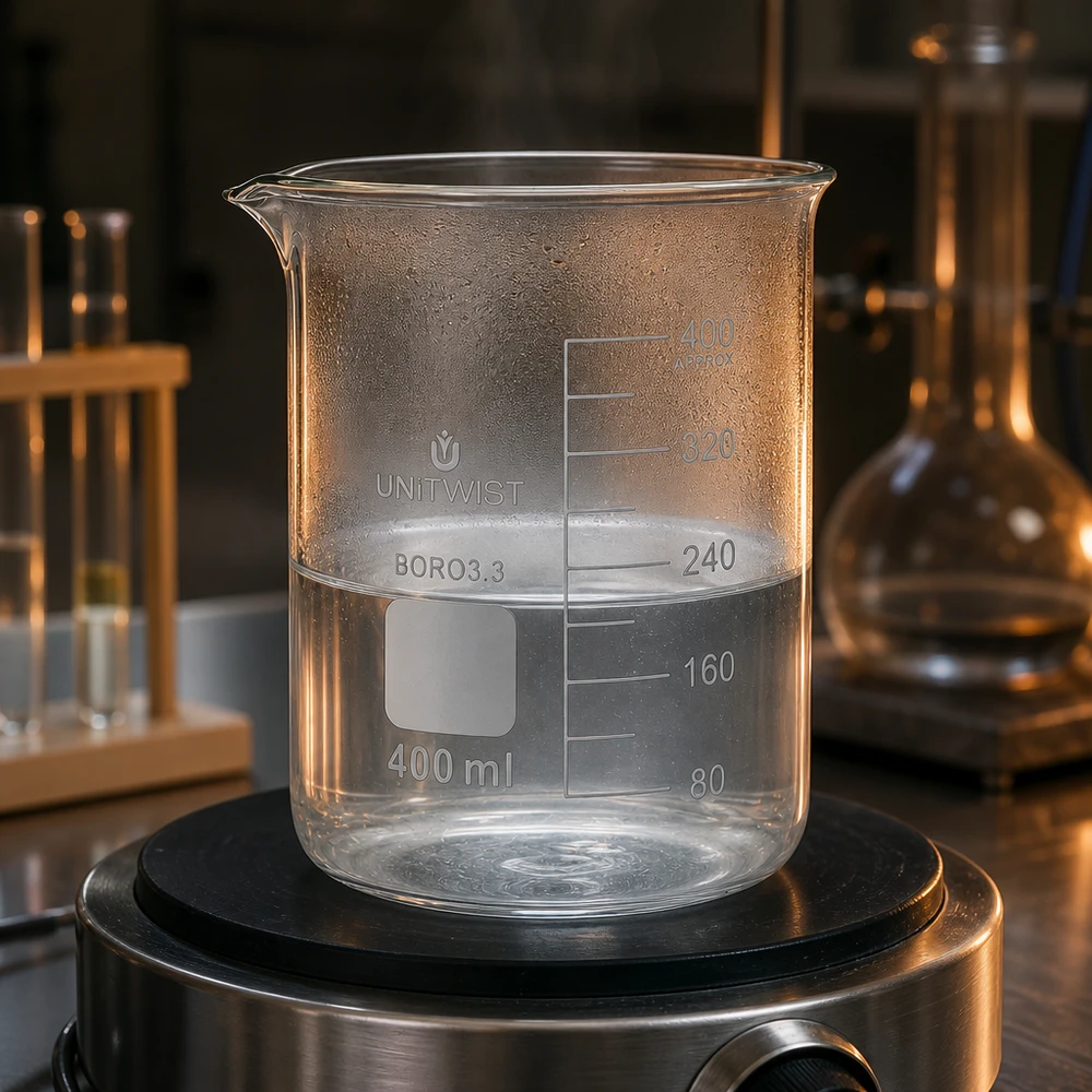 Helder laboratoriumglas van 400 ml, laag model, met maatverdeling, op een professionele laboratoriumverwarmer met roerwerk