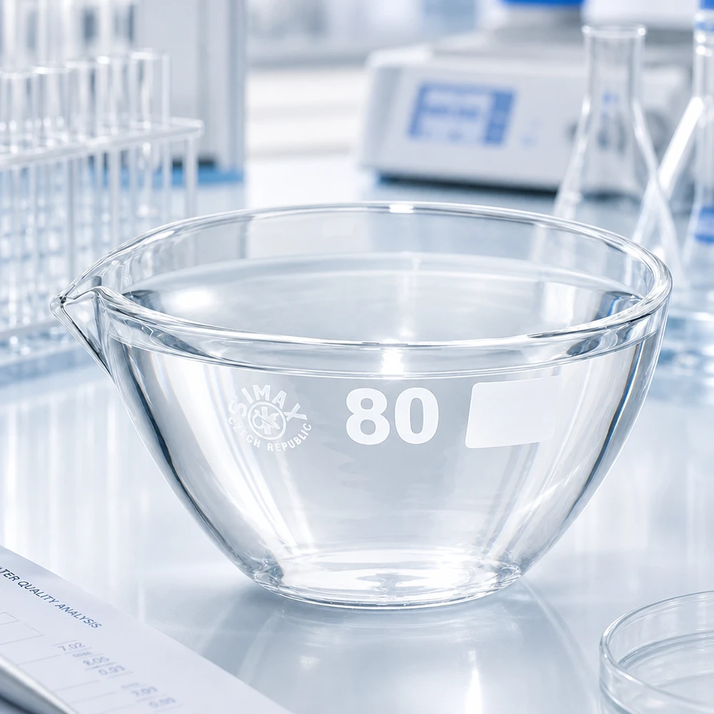 Indampschaal 90ml van borosilicaatglas met schenktuit Chemicaliënbestendige borosilicaat verdampingsschaal 90ml met schenktuit voor laboratoriumexperimenten