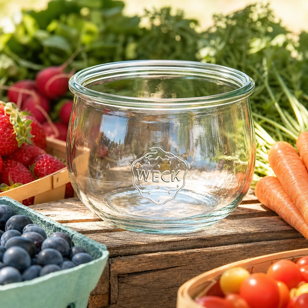 WECK tulpenpot 580ml RR100 glazen inmaakpot met logo omringd door vers fruit en groenten op een houten tafel