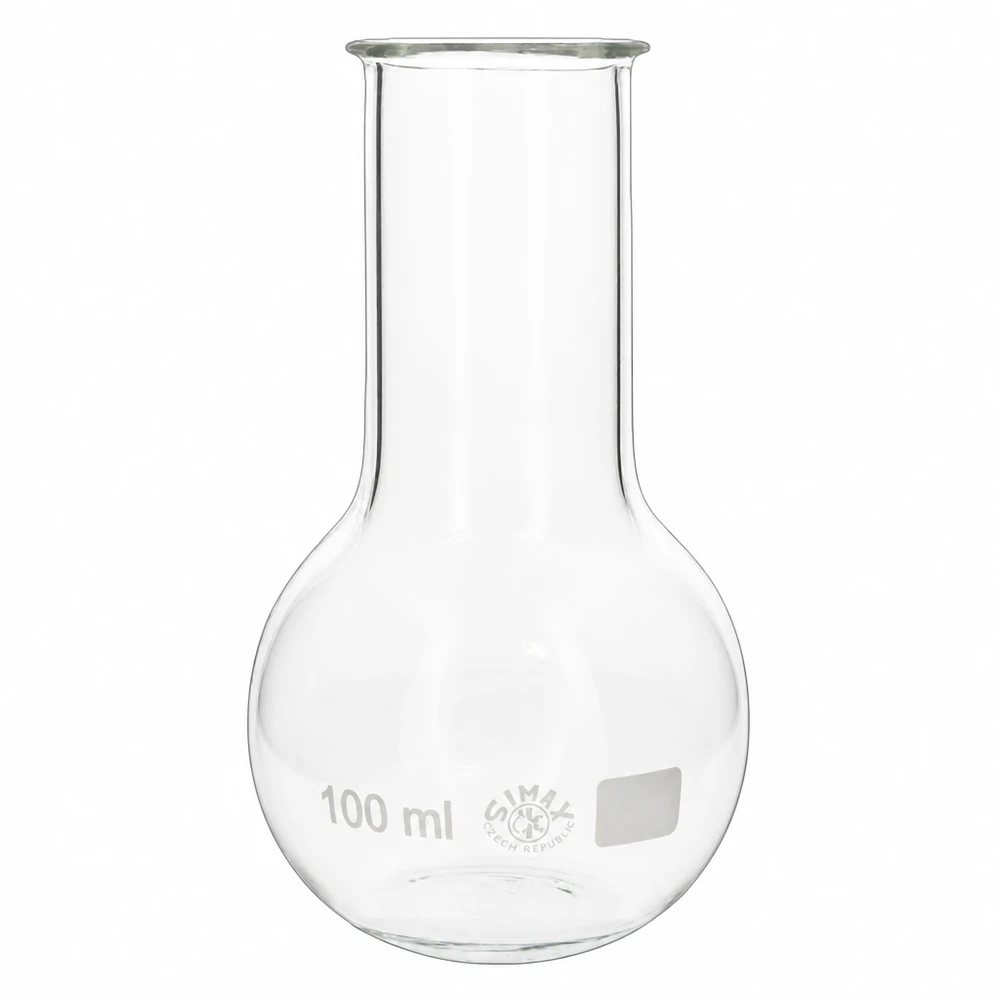 Platbodem kolf 100ml wijde hals borosilicaat met afgeronde rand 100ml kolf met wijde hals, ideaal voor destillatie en chemische reacties