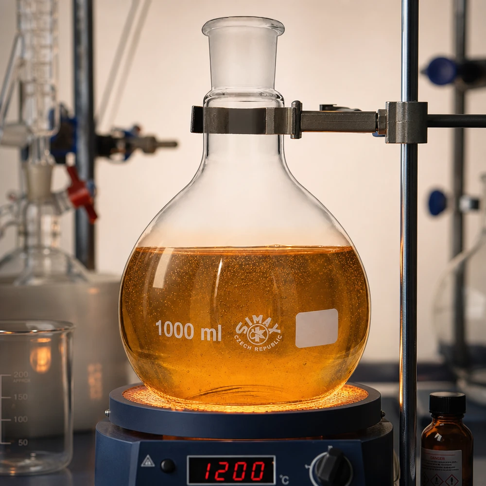 Platbodem kolf 1000ml wijde hals borosilicaat met slijpstuk 29/32 Verwarmde glazen kolf 1000ml met honingkleurige substantie en digitale temperatuurweergave 120°C