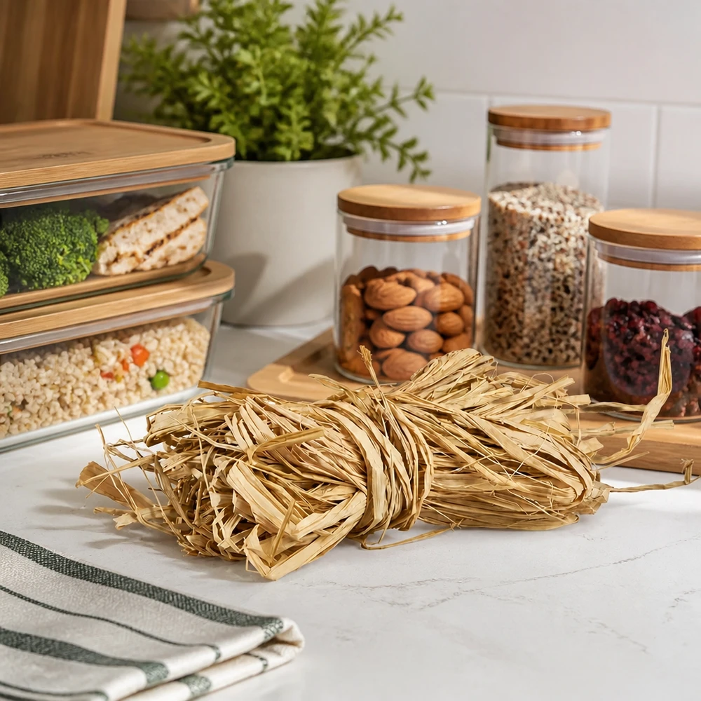 Natuurlijke raffia 30g goudbeige op keukenblad met voorraadpotten toont praktische keukenorganisatie en decoratie-ideeën