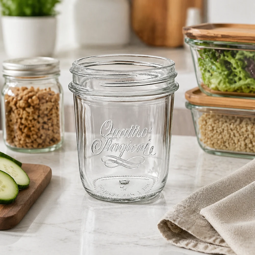 320ml "Quattro Stagioni" beker QS86mm Quattro Stagioni Sturzglas 320ml auf Küchentheke mit Lebensmitteln - elegantes Einmachglas für Vorratshaltung