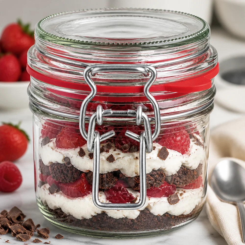 255 ml voorraadpot type G met beugelsluiting UN.. 255ml Bügelverschluss-Glas mit geschichtetem Erdbeer-Schoko-Dessert, perfekt für Trifle und süße Leckereien
