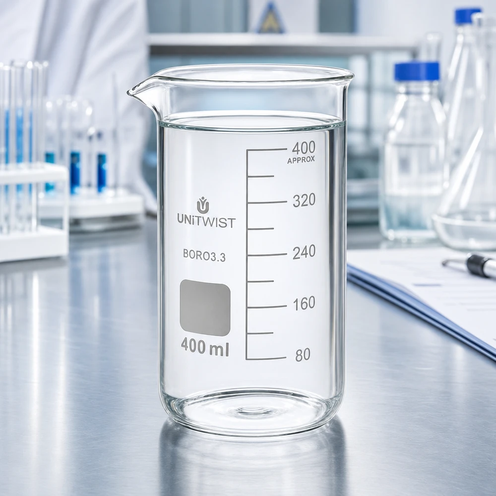 Beker 400ml borosilicaat, hoge vorm UNITWIST Doorzichtig, cilindrisch bekerglas van 400 ml, van borosilicaatglas, met hoge vorm, voor chemische laboratoriumproeven