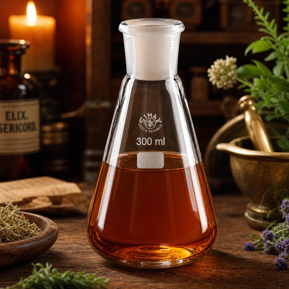 Erlenmeyer 300ml nauwe hals borosilicaat met slijpstuk 29/32 Erlenmeyer van 300 ml met standaardafsnijding 29/32 gevuld met een roodbruine stof in een atmosferische omgeving