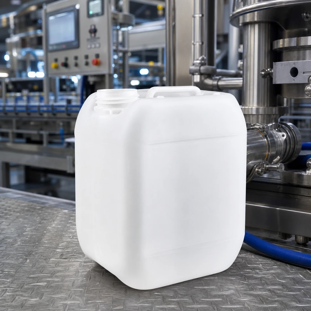 5l jerrycan, UN-toelating, zonder schroefsluiting Stevige lege jerrycan van 5 liter zonder sluiting in een moderne afvulinstallatie
