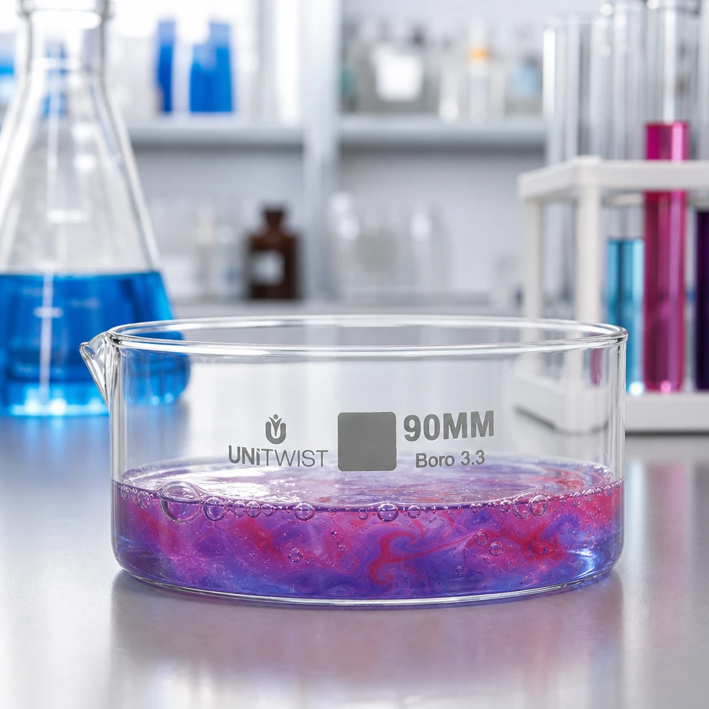 Kristalliseer schaal ø90mm borosilicaatglas UNiTWIST Lage glazen schaal 90 mm met wervelende kleurreactie UNiTWIST Boro 3.3 laboratoriumglaswerk