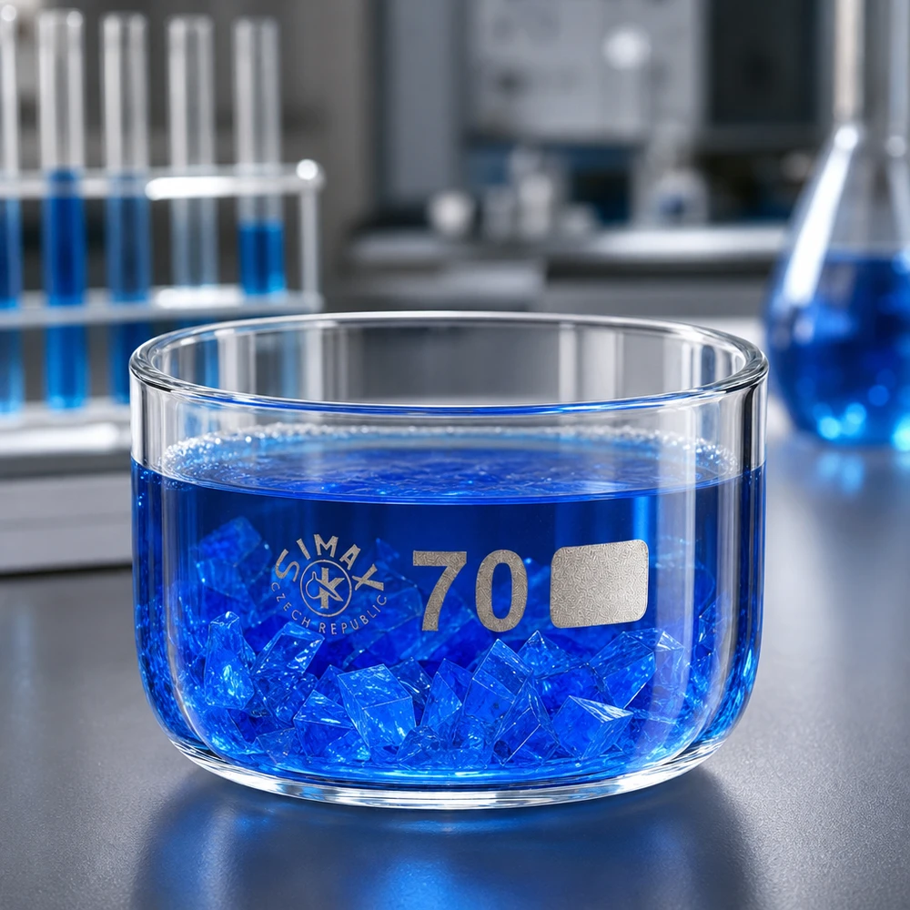 Simax-kristallisatieschaal 100 ml, Tsjechië, voorzien van markering, gevuld met een blauwe kristalzoutoplossing