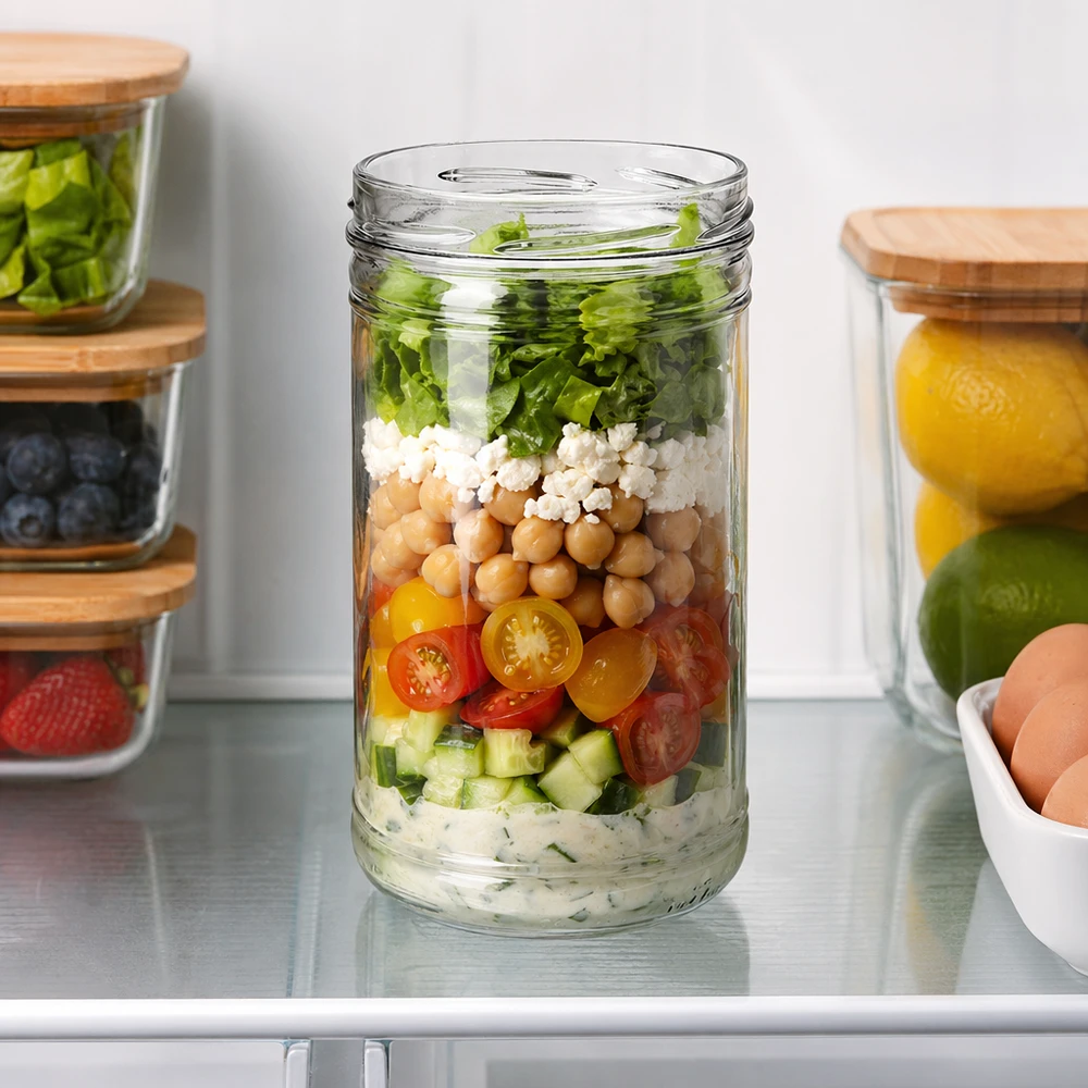 UNiTWIST tumblers 1053ml TO100 als een maaltijd prep pot met gelaagde salade kikkererwten feta tomaten in de koelkast