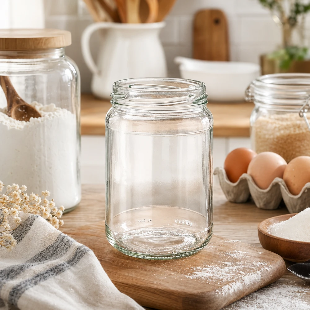 UNiTWIST Runda305 rond glas 305ml TO63 leeg op houten plank in moderne keuken met eieren en bloem