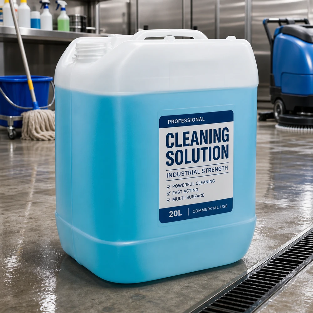 Jerrycan van 20 liter met blauwe vloeistof en een wit etiket voor industriële reinigingsmiddelen voor diverse oppervlakken