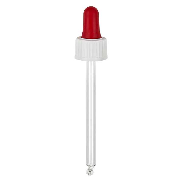 Glazen druppelpipet wit/rood 18 mm PL85 Standard Glazen druppelpipet wit/rood 18 mm PL85 Standard