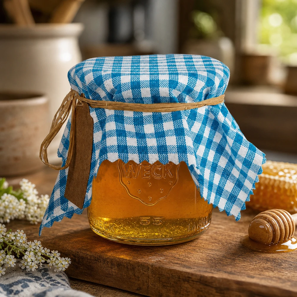 Turkoois en wit geruite stoffen doily op een honingpot met houten dompelaar en witte bloemen op een rustieke houten plank