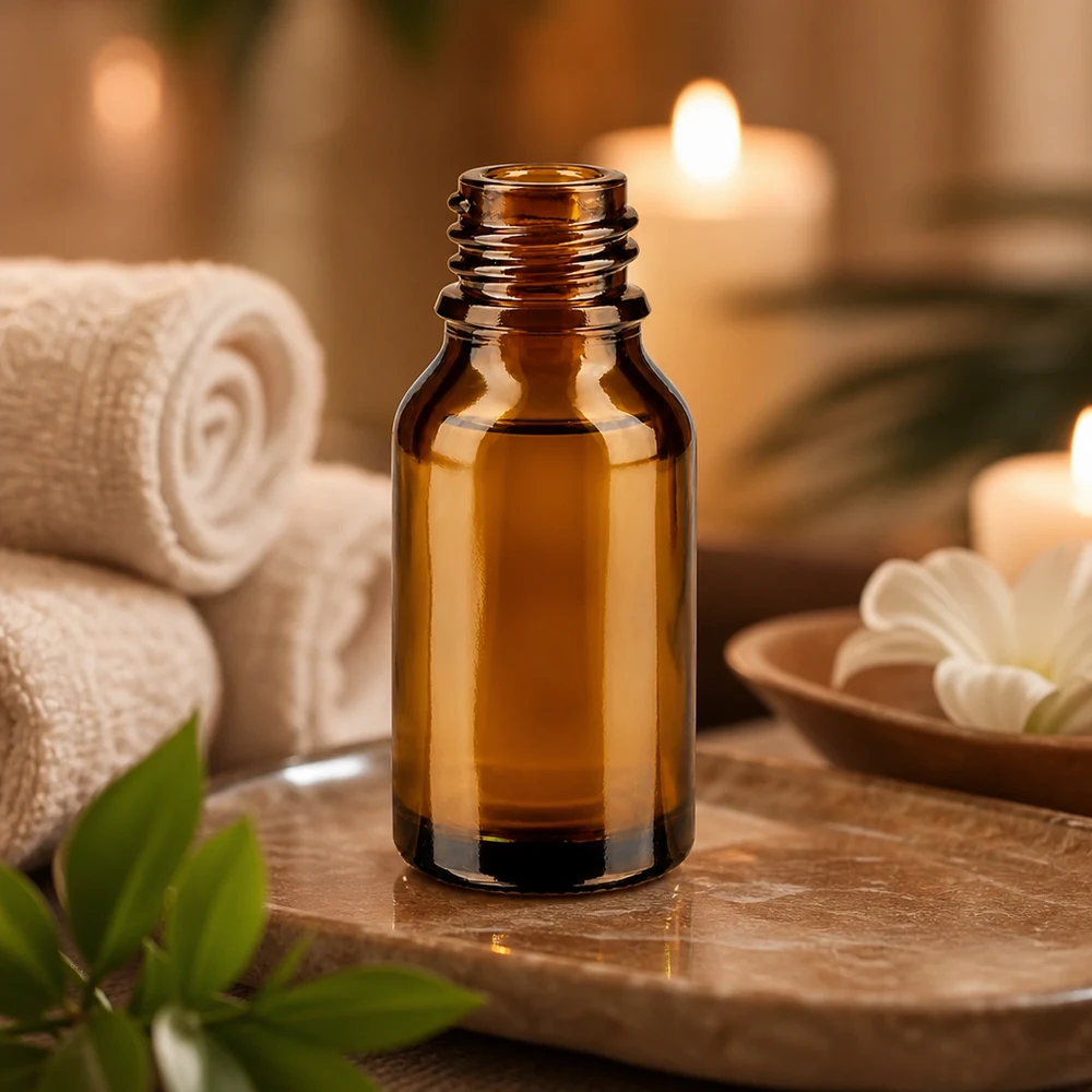 Bruine glazen fles 15ml 15ml bruin apothekersflesje ApoGlas in warm kaarslicht met witte handdoeken en groene bladeren Wellness decoratie