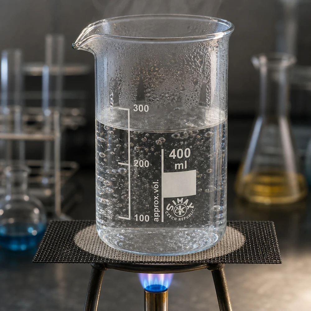 Bekerglas 400 ml van hittebestendig borosilicaatglas (hoog model) Becherglas van 400 ml, hoog model met witte ml-schaalverdeling, bij een laboratoriumproef met een bunsenbrander