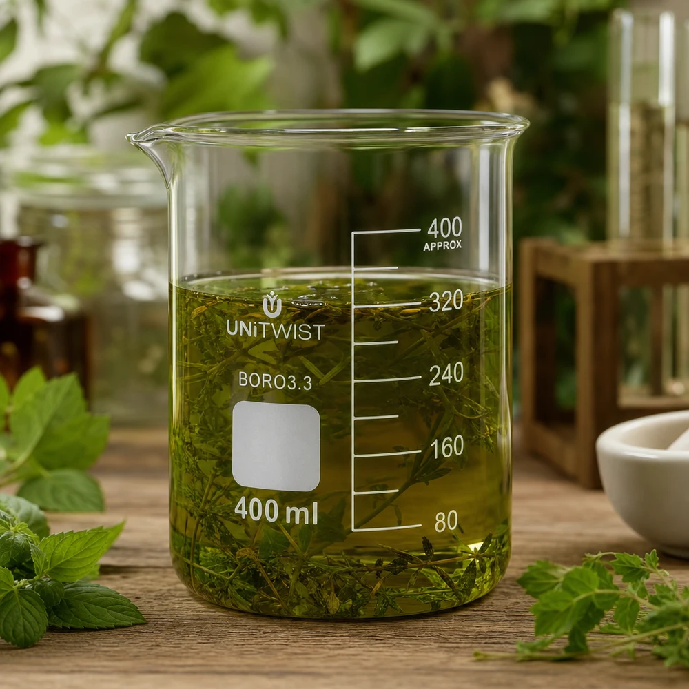 UNiTWIST-maatbeker van 400 ml, gemaakt van hittebestendig borosilicaatglas, met schaalverdeling voor kruidenbehandelingen