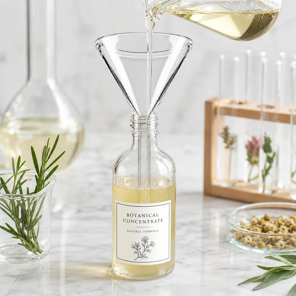 Glazen trechter Ø 40mm - kalk-soda-glas - 60° hoek Compacte laboratoriumtrechter van soda lime glas met 40 mm opening en praktisch kort handvat voor eenvoudig hanteren
