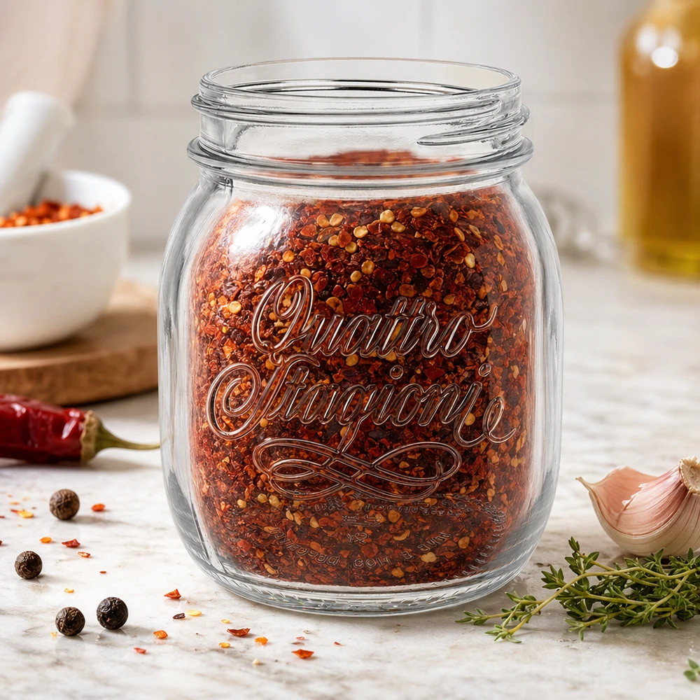 700ml huishoudglas "Quattro Stagioni" 700 ml Quattro Stagioni huishoudpot gevuld met chilikruidenmix op keukenblad met kruiden en knoflook