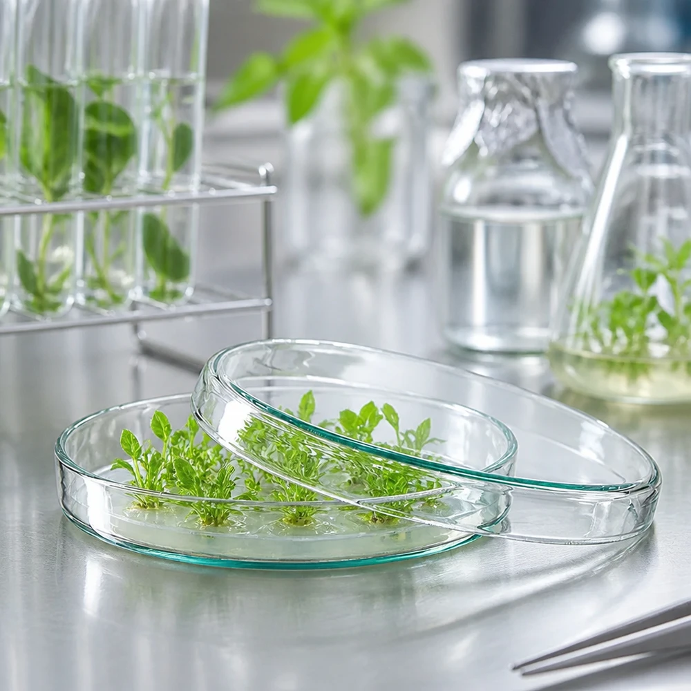 Ronde petrischaal van glas, 90 x 15 mm, met plantenzaadjes naast reageerbuisjes en Erlenmeyer-kolven