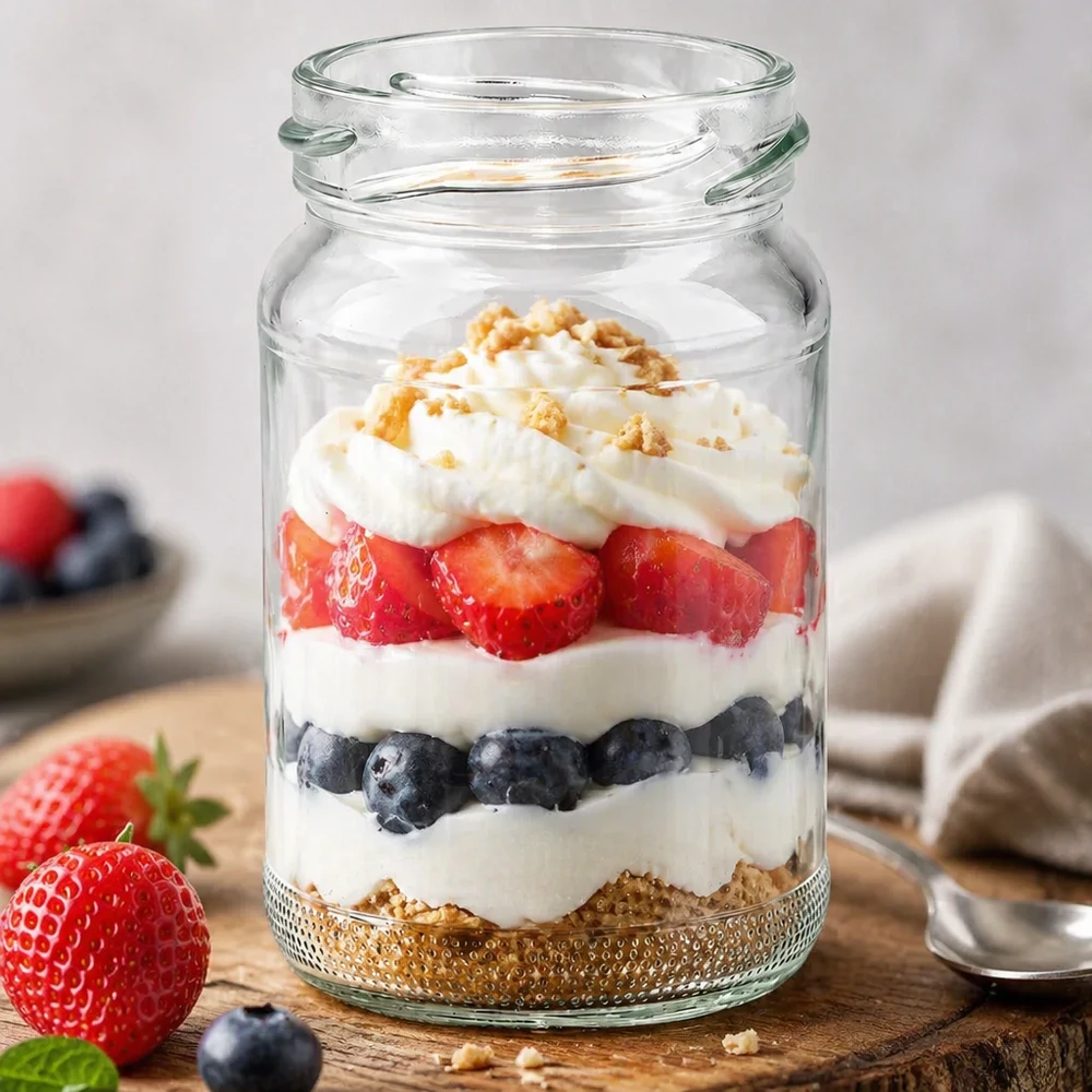 110ml rond glas zonder deksel (TO48) UNiTWIST UNiTWIST Runda110 rond glas 110ml TO48 gevuld met een gelaagd dessert van bessen, yoghurt en crumble op een houten tafel