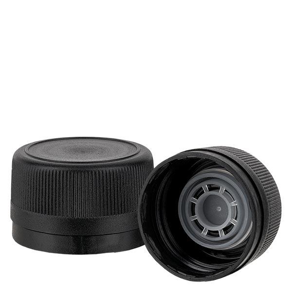 Schroefsluiting 31.5 mm zwart geribbeld met uitgietring en VR Schroefsluiting 31.5 mm zwart geribbeld met uitgietring en VR