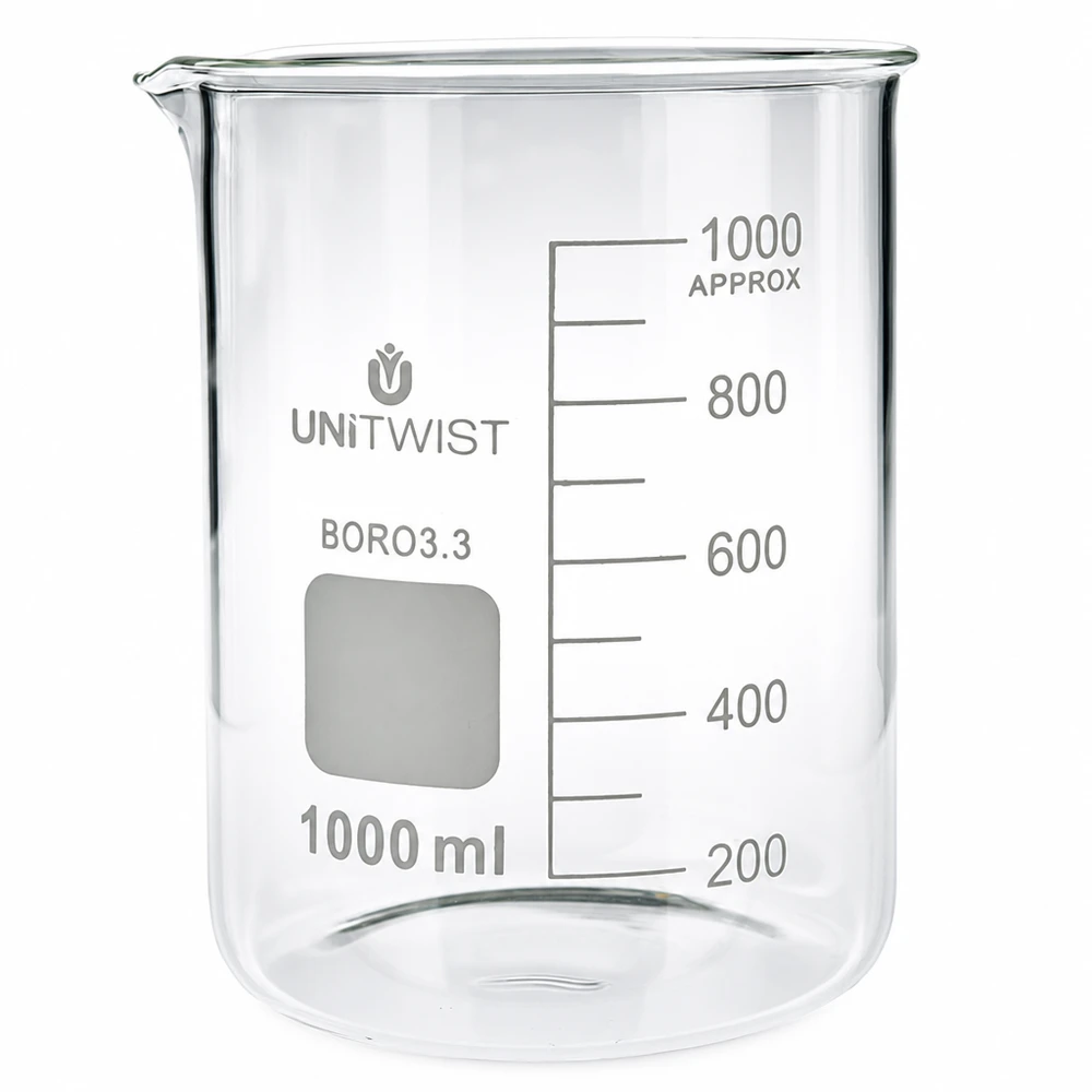 Beker 1000ml borosilicaat, lage vorm UNiTWIST Doorzichtig borosilicaat bekerglas van 1000 ml met opschrijfvlak en milliliterschaal