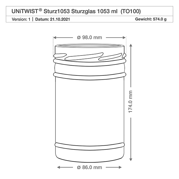 UNiTWIST trommel 1053ml TO100 technische tekening met afmetingen diameter 98mm hoogte 174mm gewicht 574g