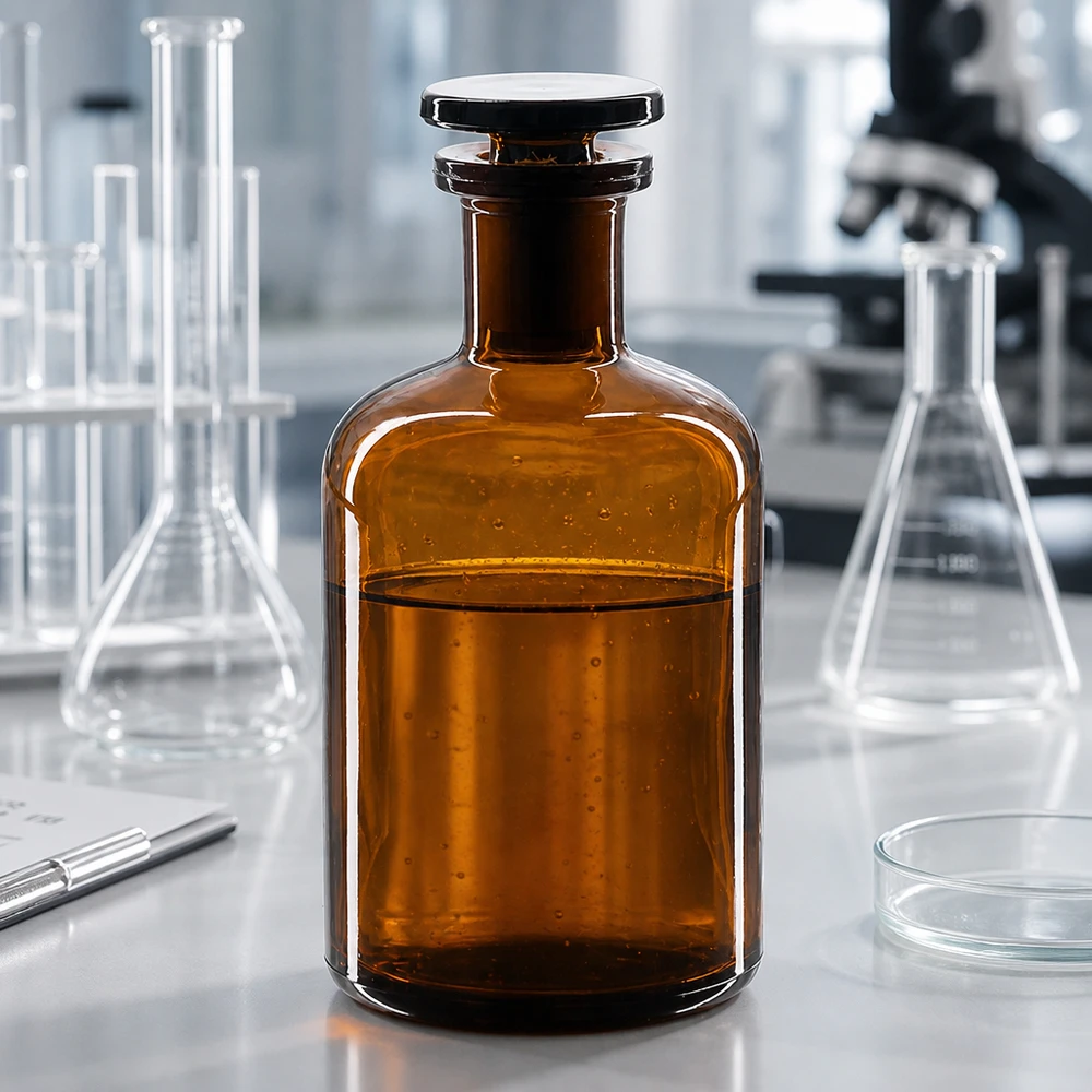 Apothekersfles 100 ml nauwe hals bruin glas incl. glazen stop Compacte laboratoriumfles van 100 ml met smalle hals en glazen stop, vervaardigd uit duurzaam bruin borosilicaatglas