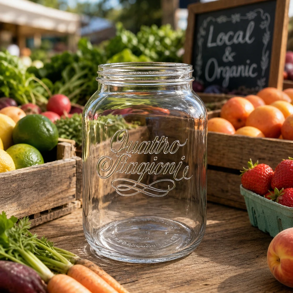 3000ml huishoudglas "Quattro Stagioni" 3000ml Quattro Stagioni huishoudglas op een houten tafel met vers fruit en groenten van de boerenmarkt