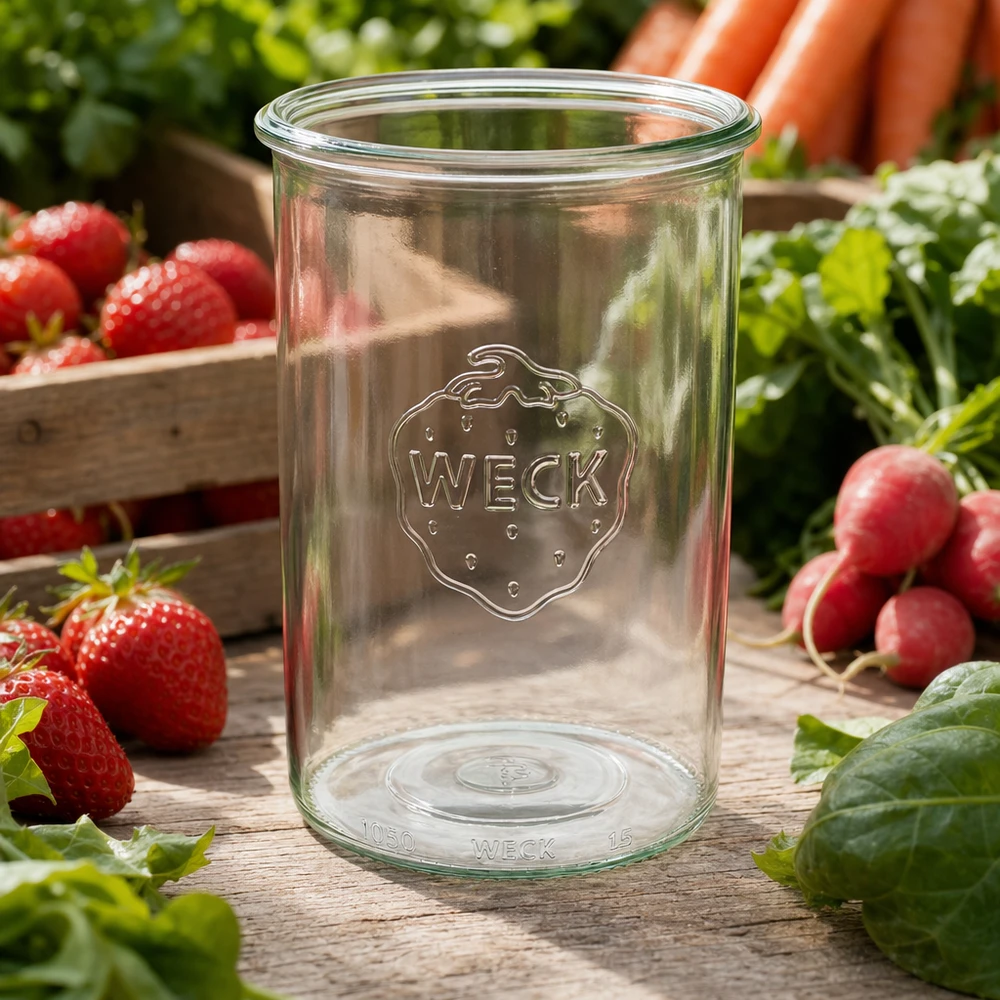 WECK 1000ml RR100 bekers met logo op houten tafel omringd door verse aardbeien, radijsjes en groenten