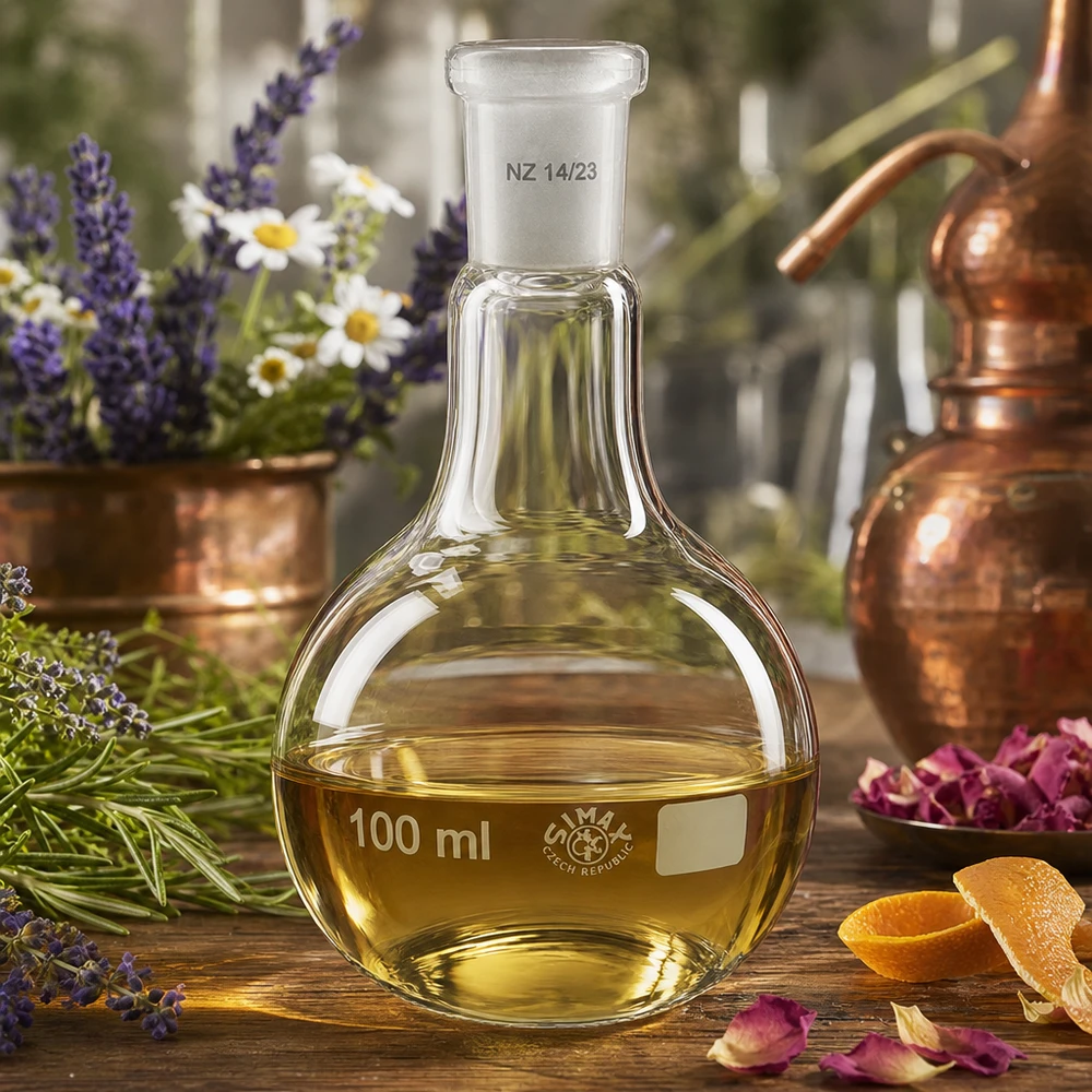 Platbodem kolf 100ml nauwe hals borosilicaat met slijpstuk 14/23 Laboratoriumkolf 100ml met amberkleurige inhoud en precisiegeslepen glas 14/23