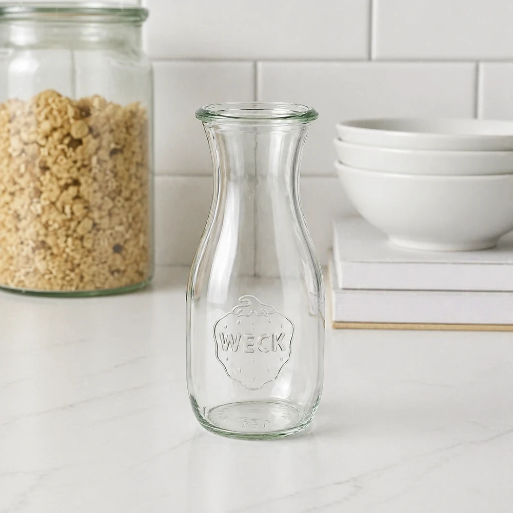 WECK RR60 sapfles van 530 ml Lege WECK sapfles 530ml RR60 met aardbeien reliëf in moderne witte keuken naast voorraadpotten en schalen