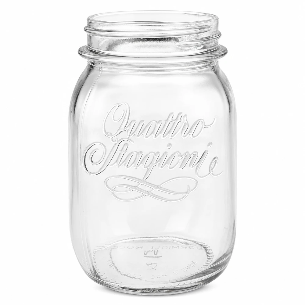 500ml huishoudglas "Quattro Stagioni" 500 ml Quattro Stagioni inmaakpot van helder glas met reliëflogo zonder deksel op witte achtergrond
